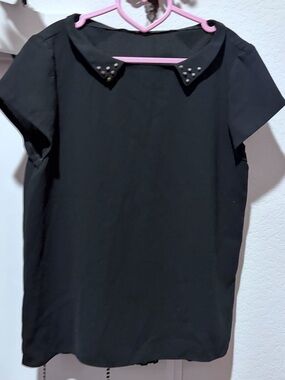 Vintage Black Babydoll blouse w/ gold studs & sheet pleated back panel- Large